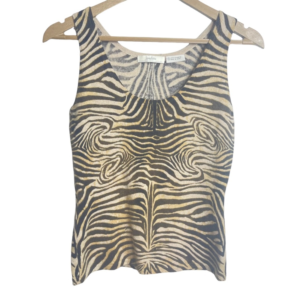 Neiman Marcus Cashmere Collection Zebra Animal Print Knit Sleeveless Tank Top S